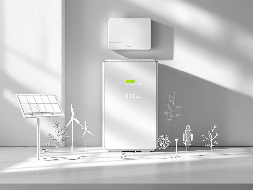 Moderne witte thuisbatterij met groene energie-indicatoren, omringd door zonnepanelen en Nederlandse architectuurelementen