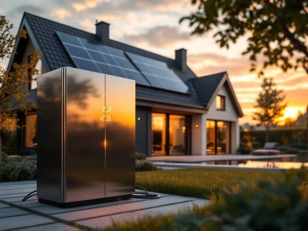 Moderne Nederlandse villa met thuisbatterij systeem in voorgrond tijdens gouden uur, zonnepanelen op dak zichtbaar