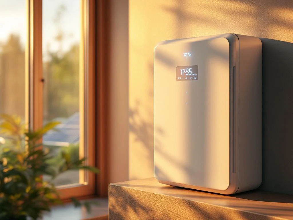 Moderne witte thuisbatterij met blauwe LED-indicatoren in Nederlands interieur met zonlicht en zonnepanelen op achtergrond