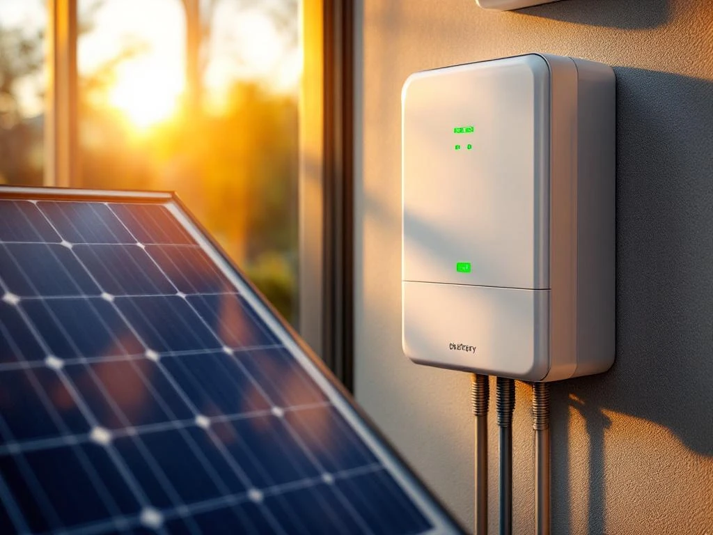 Witte thuisbatterij met groene LED-indicatoren naast blauwe zonnepanelen in zonlicht op Nederlandse huismuur