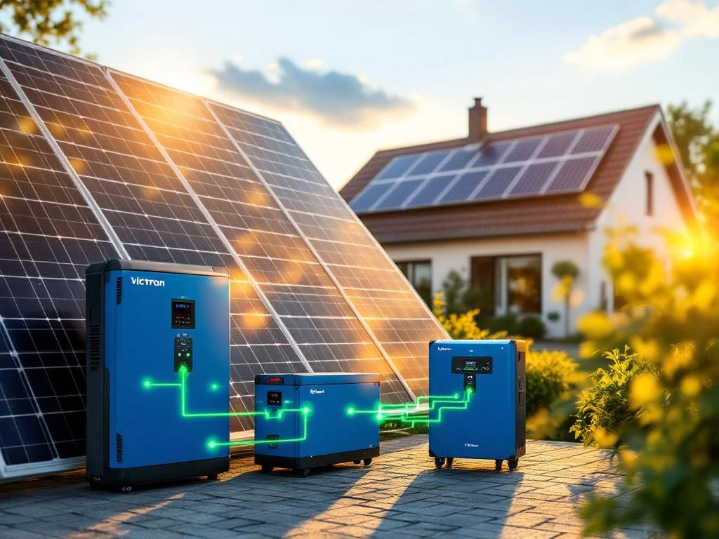 Zonnepanelen installatie met blauwe Victron omvormer en batterijsysteem bij modern Nederlands huis met duurzame energie