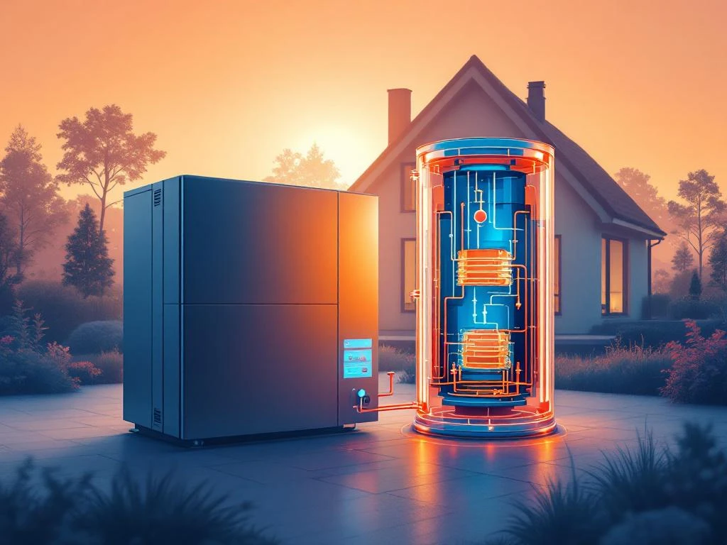 WeHeat warmtepomp in oranje-blauw met buffertank en technische doorsnede, voor moderne Nederlandse woning