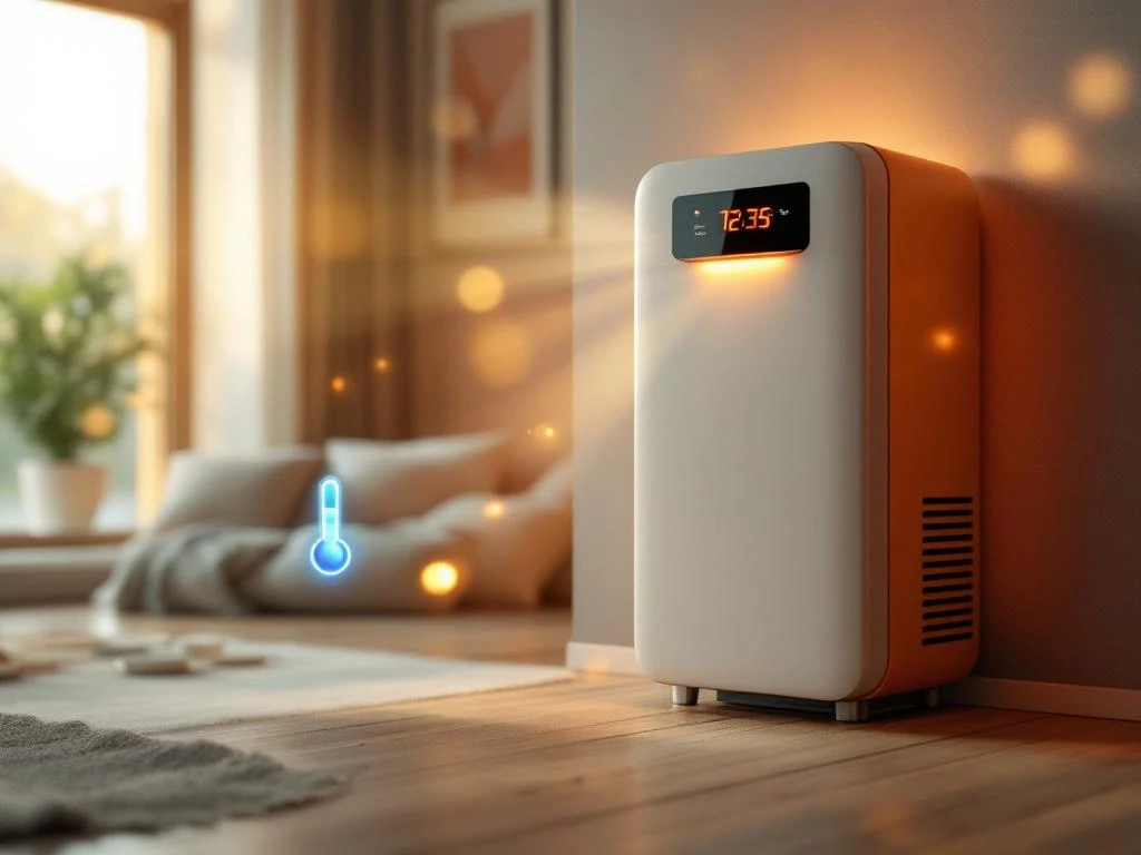 Weheat warmtepomp in oranje en groen met digitale temperatuurweergave in modern Nederlands interieur