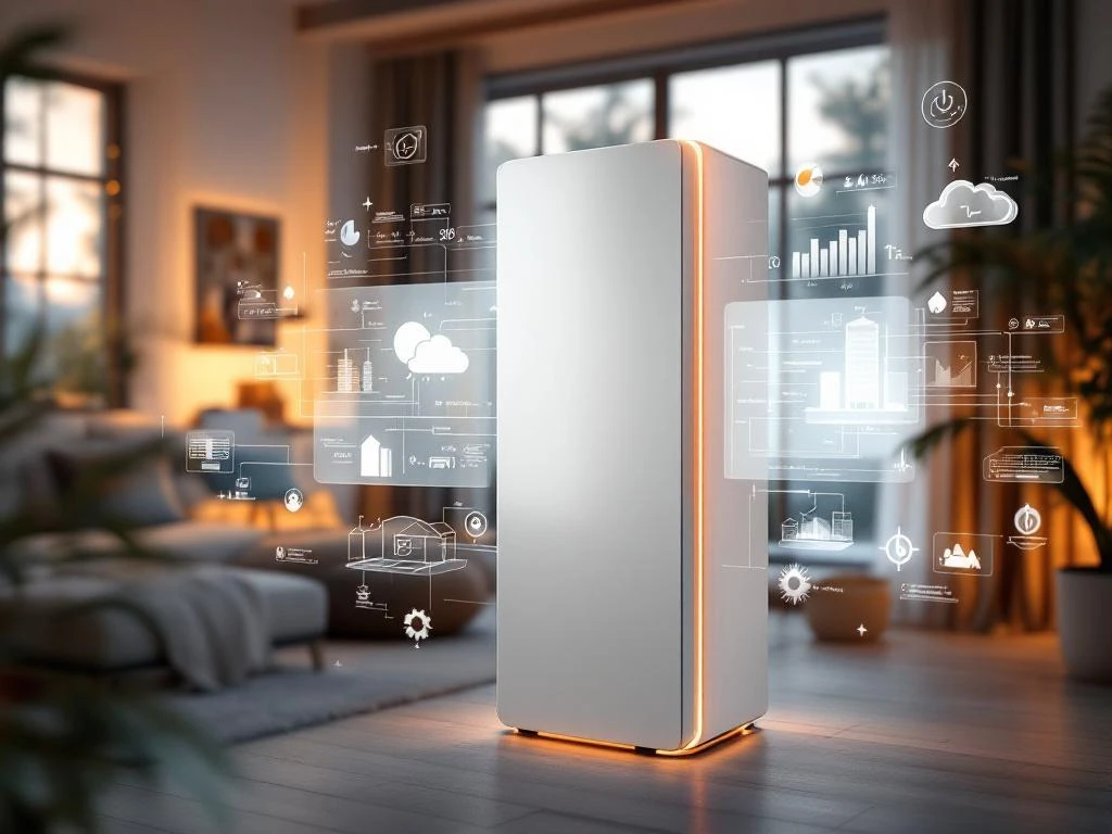 Moderne warmtepomp met oranje accenten in Nederlandse woonkamer met technische diagrammen en energievisualisaties