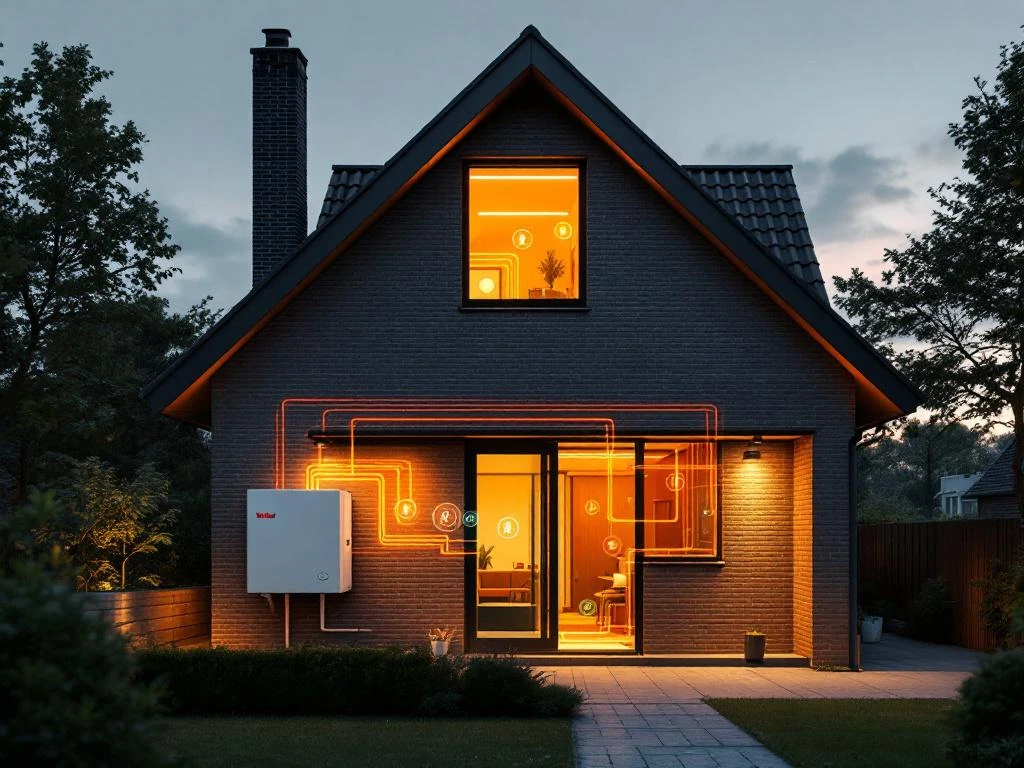 Moderne Nederlandse woning uit jaren '80 met WeHeat warmtepomp en energiezuinige verlichting, technische doorsnede toont verwarmingssysteem