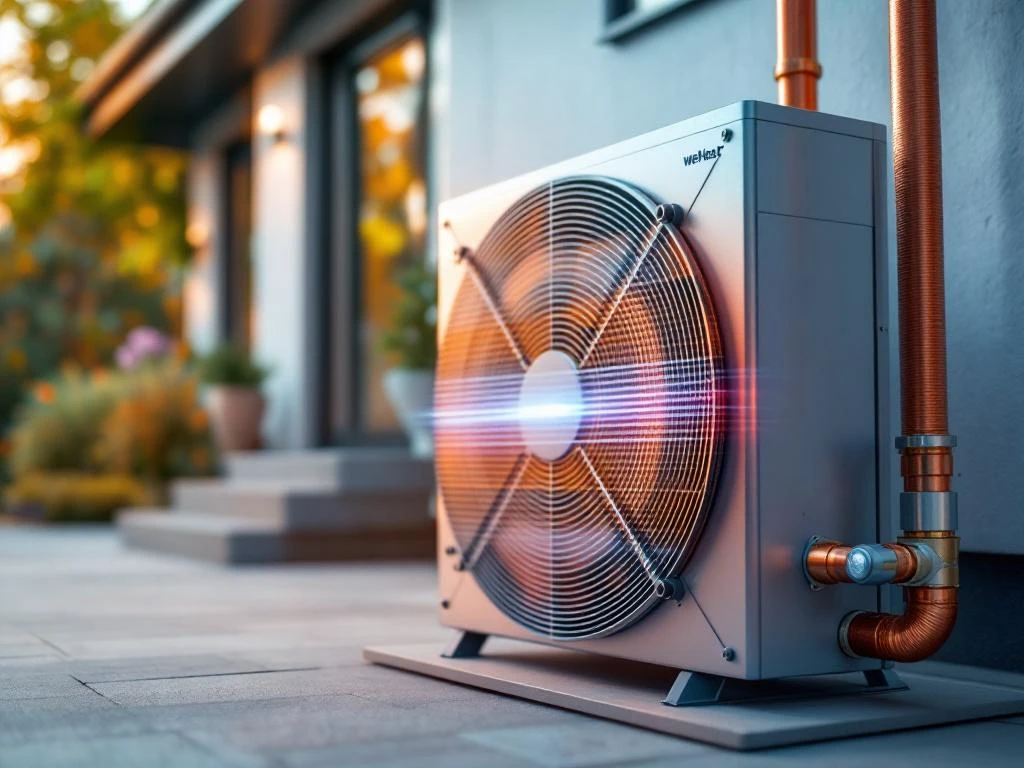 WeHeat warmtepomp met koperbuizen en plaatkoeler tegen moderne woning, oranje-blauw licht toont warmte-efficiëntie