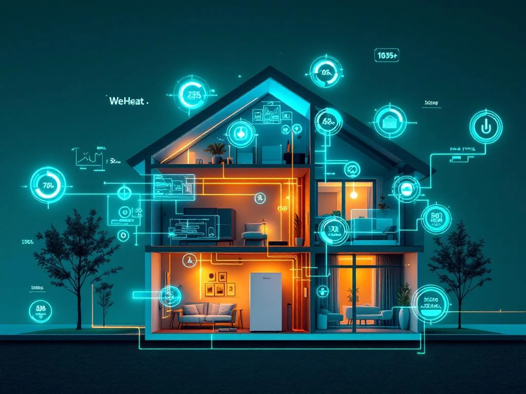 WeHeat warmtepomp in doorsnede woning met technische diagrammen, energiestromen en meetinstrumenten voor optimale sizing