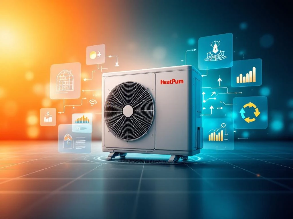 Moderne warmtepomp met technische diagrammen en energie-efficiëntie iconen in duurzame teal en oranje kleuren
