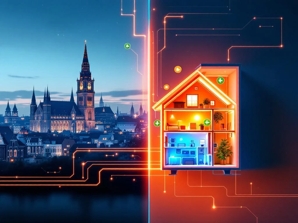 WeHeat warmtepomp installatie met energiestromen naar woning, Utrecht Dom Toren skyline, duurzame verwarmingstechnologie