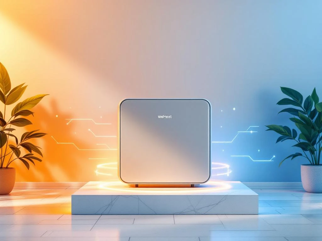 WeHeat Flint warmtepomp met oranje en blauwe verlichting op witte ondergrond met duurzame energie symbolen