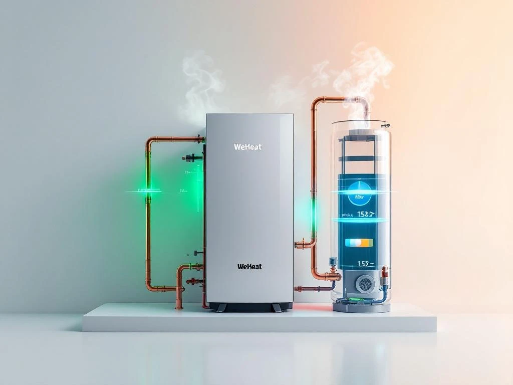 WeHeat warmtepomp met buffertank verbonden door koperen leidingen op witte achtergrond met kleuraccenten