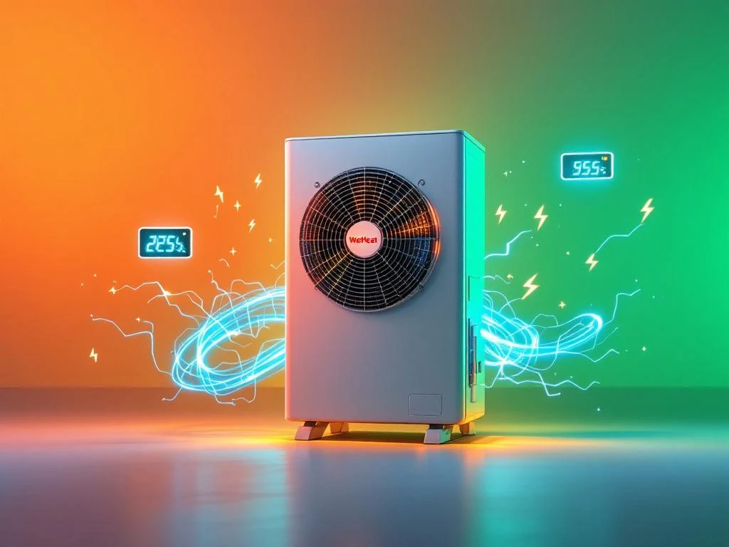 WeHeat warmtepomp met blauwe energiestroom en digitale verbruiksmeters op oranje-groene energiebesparende achtergrond