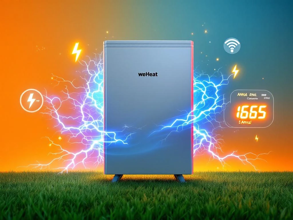 WeHeat warmtepomp op groen gras met blauwe energiegolven, gele verbruikscijfers en duurzaamheidssymbolen