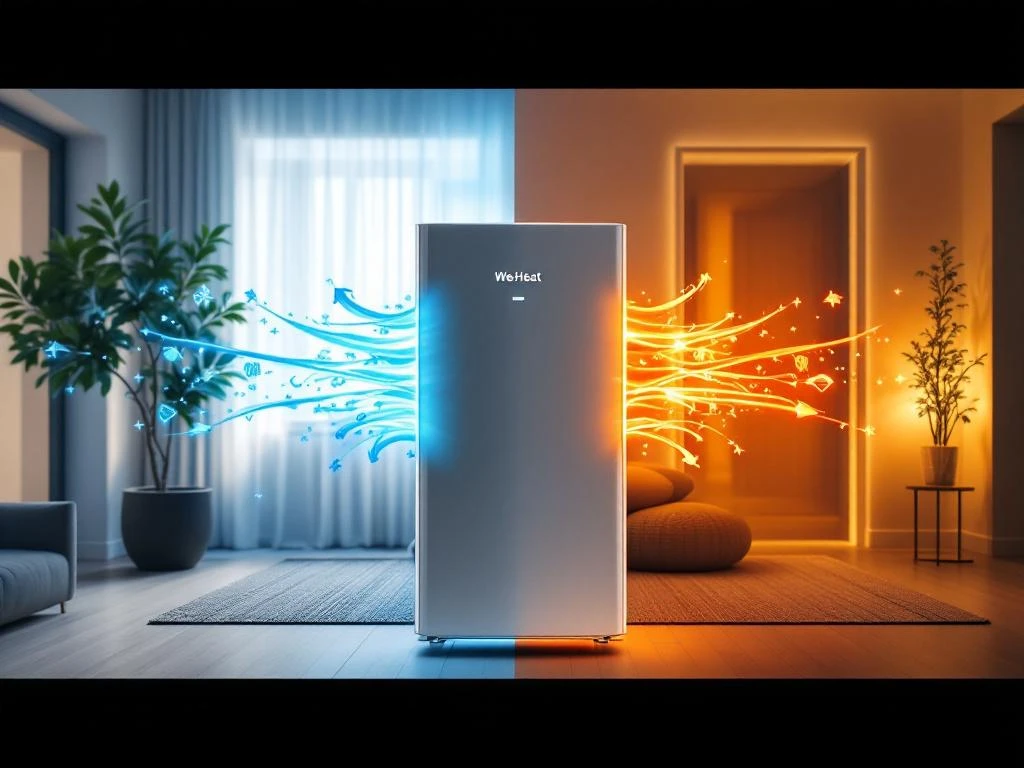 WeHeat warmtepomp met blauwe koeling en oranje verwarmingspijlen in modern interieur met zomer- en wintersfeer