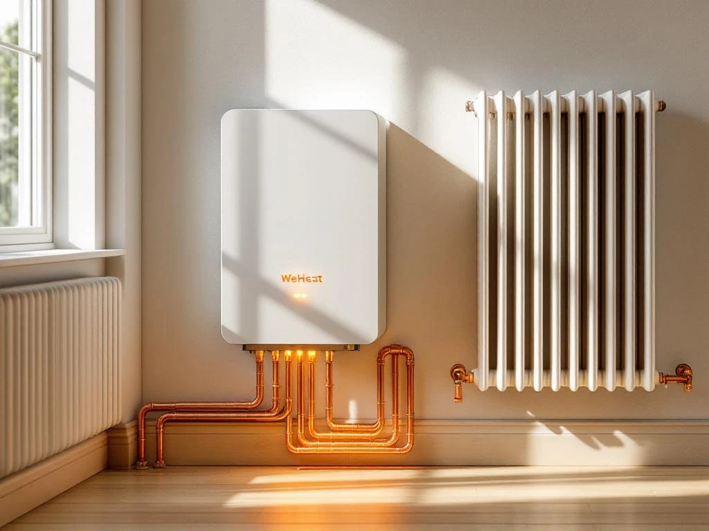 WeHeat warmtepomp met oranje-groene LED-indicatoren verbonden met witte radiatoren via koperen leidingen in daglicht