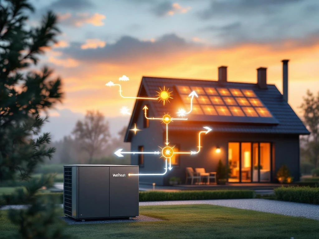 WeHeat warmtepomp in Nederlandse tuin verbonden met zonnepanelen op dak via energiestromen, moderne duurzame woning