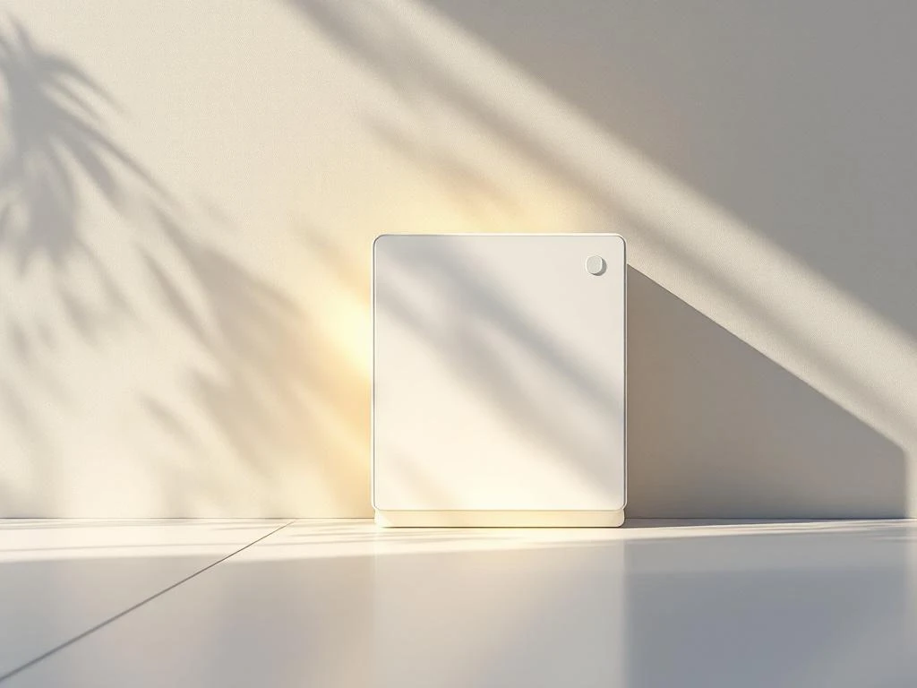 Moderne witte thuisbatterij met zonnepanelen op achtergrond, gescheiden door schaduwspleet die oplaadprobleem symboliseert