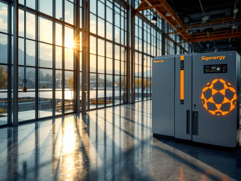 Sigenergy omvormer met oranje-zwarte branding in moderne Chinese zonnepanelenfabriek met glazen wanden bij gouden uur