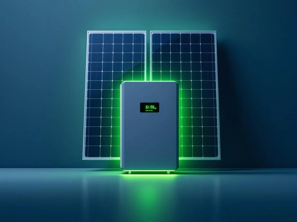 Moderne thuisbatterij met groene indicator verbonden met zonnepanelen via geometrische lijnen in navy en wit design
