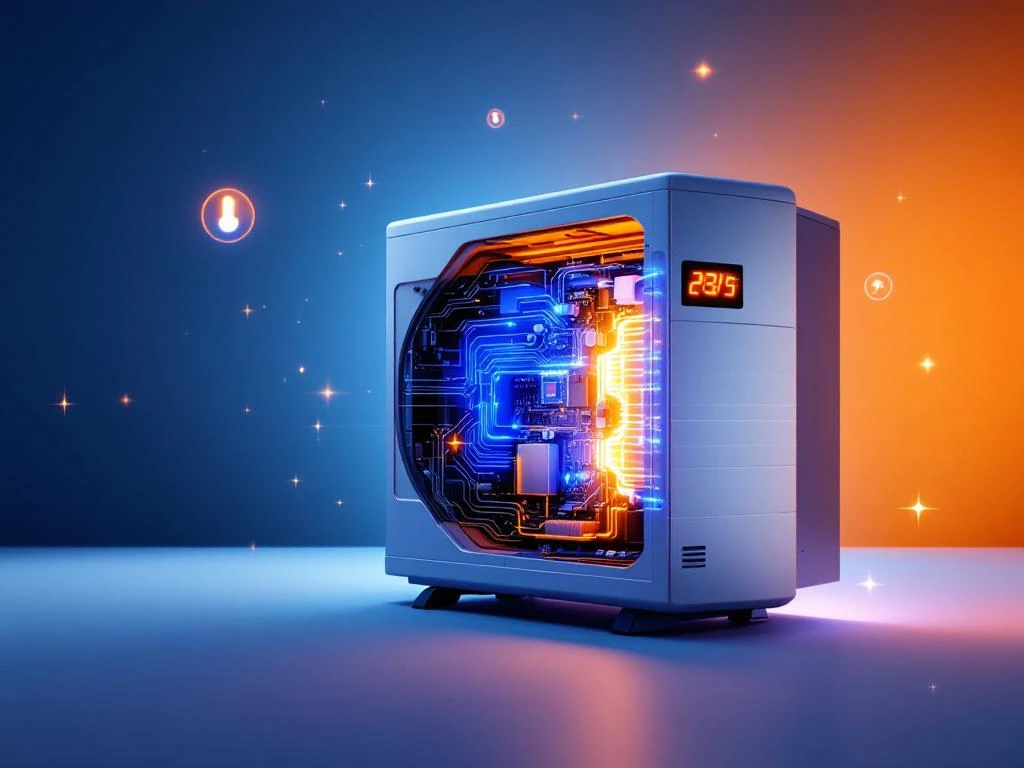 Moderne warmtepomp met zichtbare inverter-technologie door transparante doorsnede, gloeiende circuits in oranje en blauw