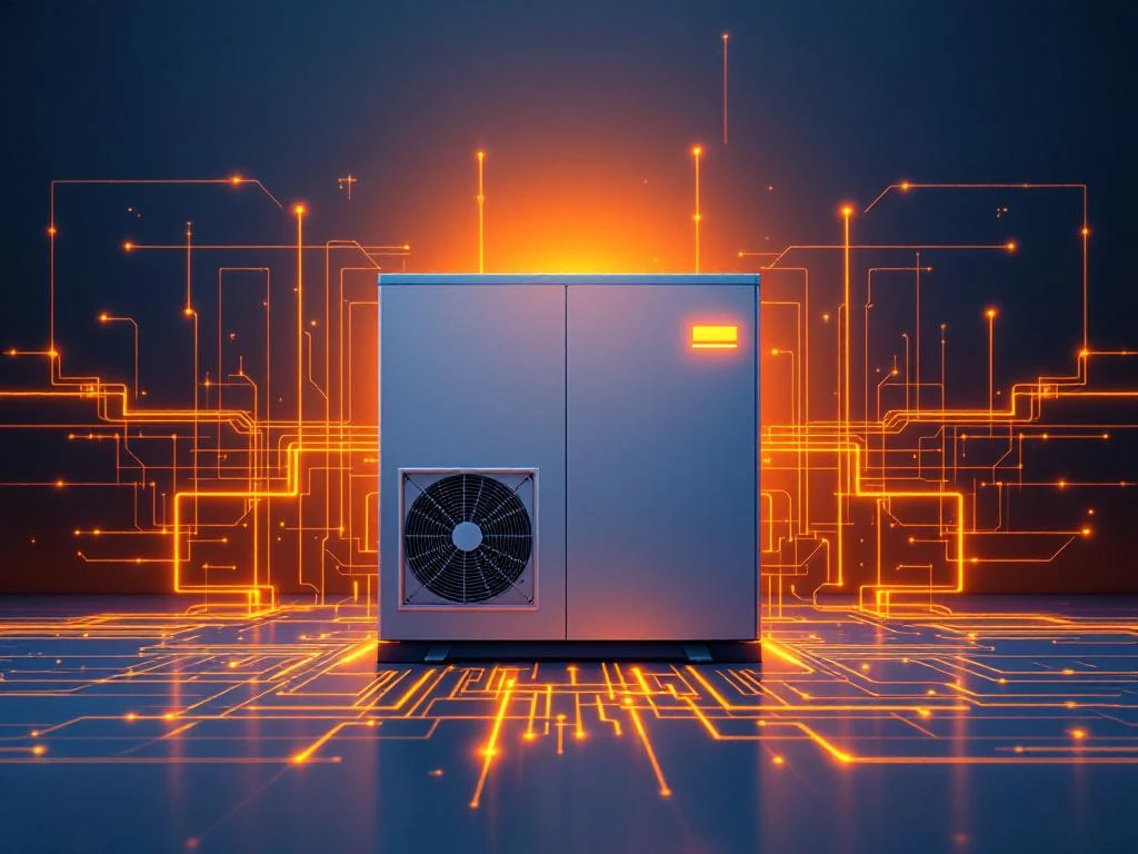 Moderne warmtepomp in oranje en blauw met stralende energielijnen en technische leidingsystemen op gradiënt achtergrond