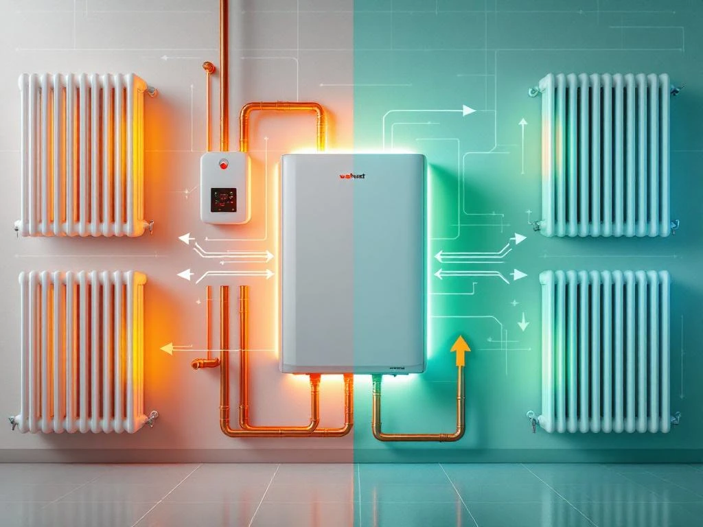 WeHeat warmtepomp verbonden met radiatoren via koperen leidingen, toont energieoverdracht met oranje en blauwe verlichting