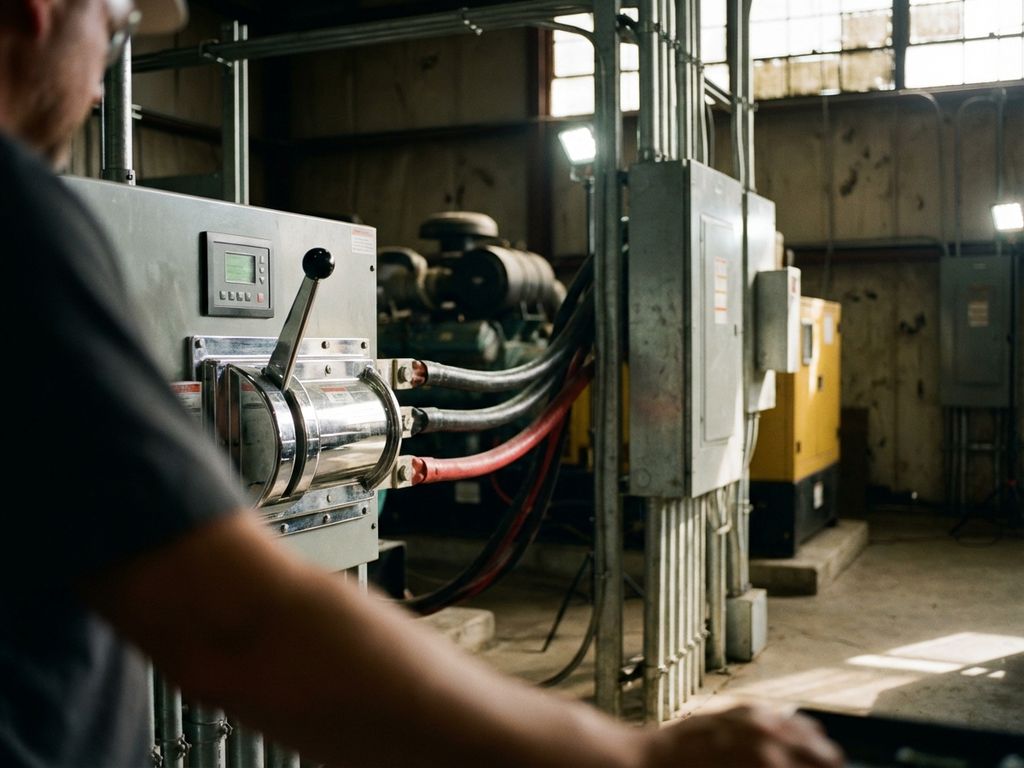 Professioneel elektrisch schakelpaneel met chromen automatische schakelaar en dikke stroomkabels naar noodgenerator