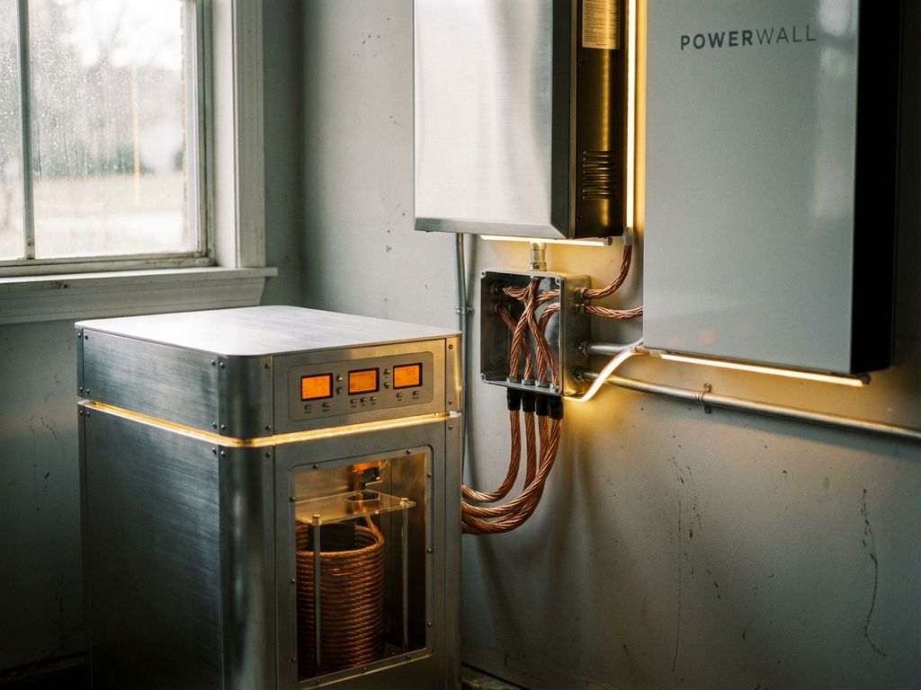 Moderne back-up generator met koperen bedrading aangesloten op huisbatterij in garage met warme verlichting