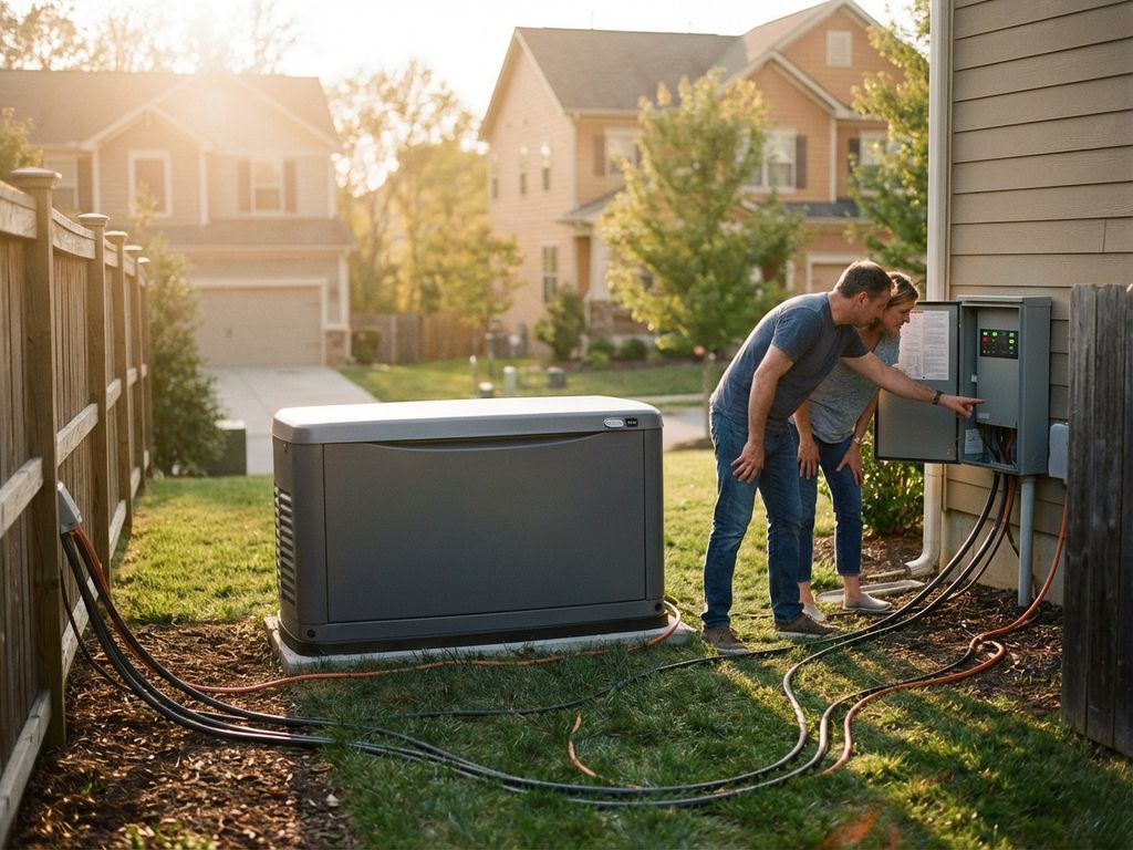 Moderne noodstroomgenerator in achtertuin met twee huiseigenaren die elektrische aansluitpaneel inspecteren