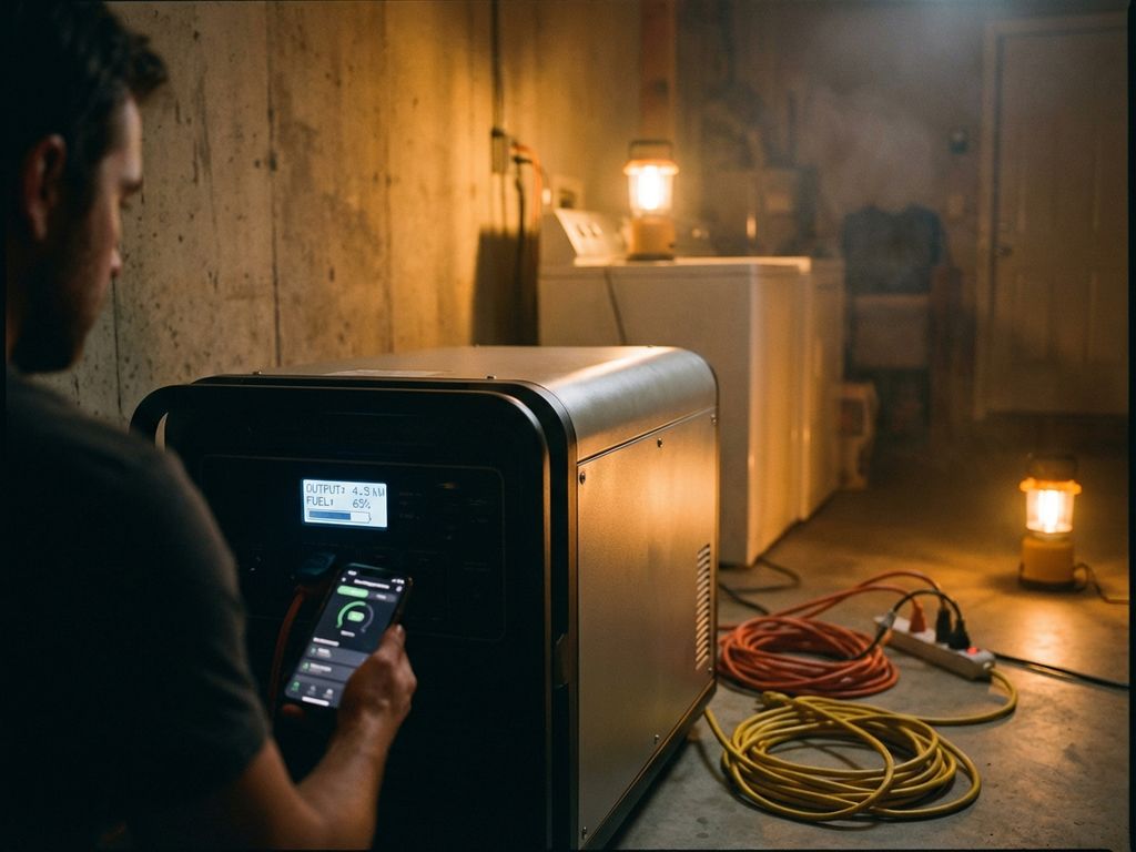 Moderne back-up generator in woongarage met LED-display, smartphone app en georganiseerde verlengkabels naar apparaten