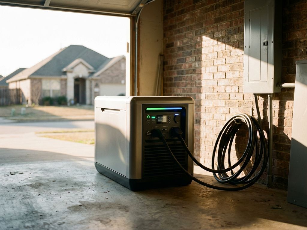 Moderne noodstroomgenerator op garagevloer met stroomkabels aangesloten op elektrisch paneel, LED-statuslampjes aan
