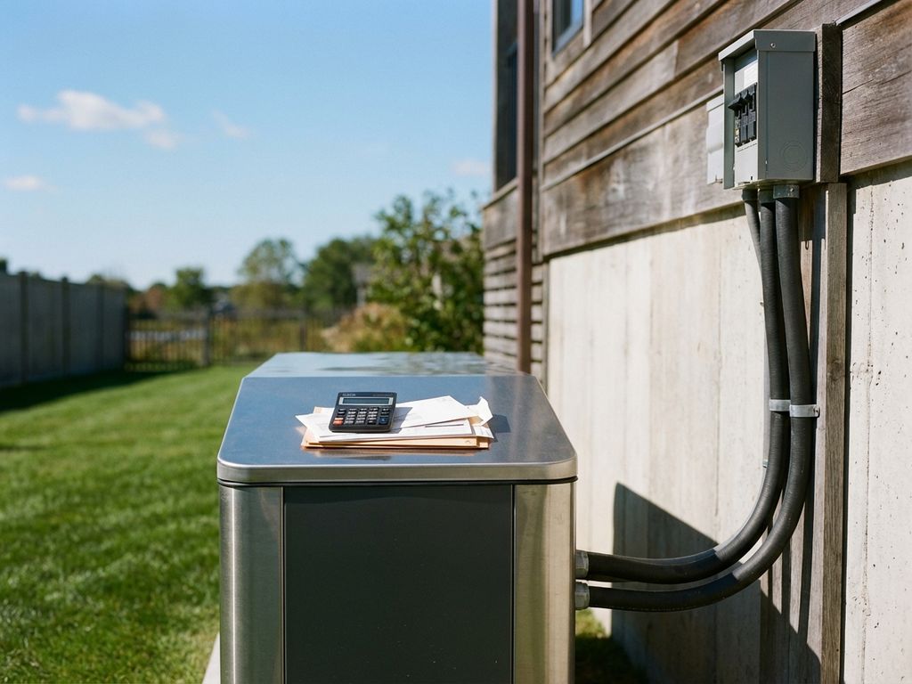 Moderne back-up generator naast huis met rekeningen en rekenmachine op bovenpaneel, groene tuin op achtergrond