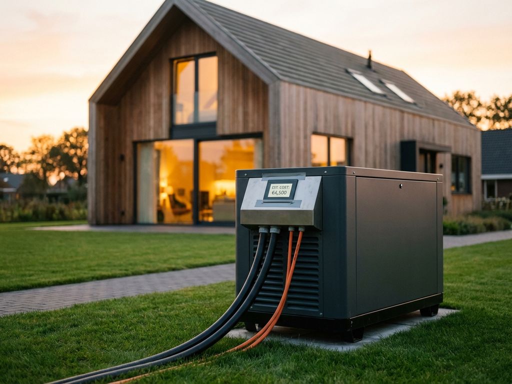 Moderne noodstroomgenerator aangesloten op Nederlands huis met verlichte ramen, prijskaart zichtbaar op generator