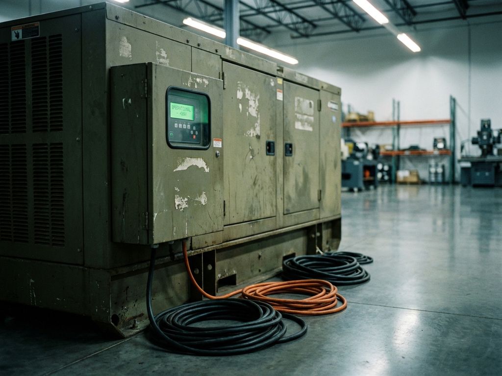 Industriële noodstroomgenerator met digitaal bedieningspaneel in schone fabriekshal met betonnen vloer