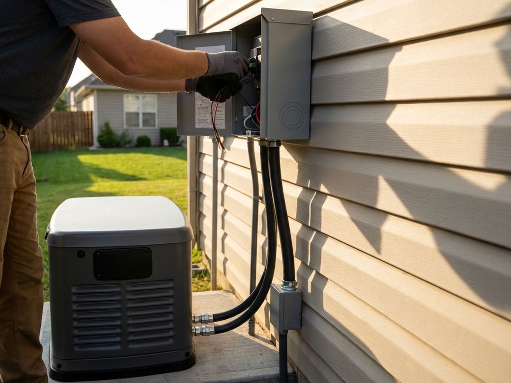 Elektricien installeert bedieningspaneel van noodgenerator op buitenmuur van woning met generator op voorgrond