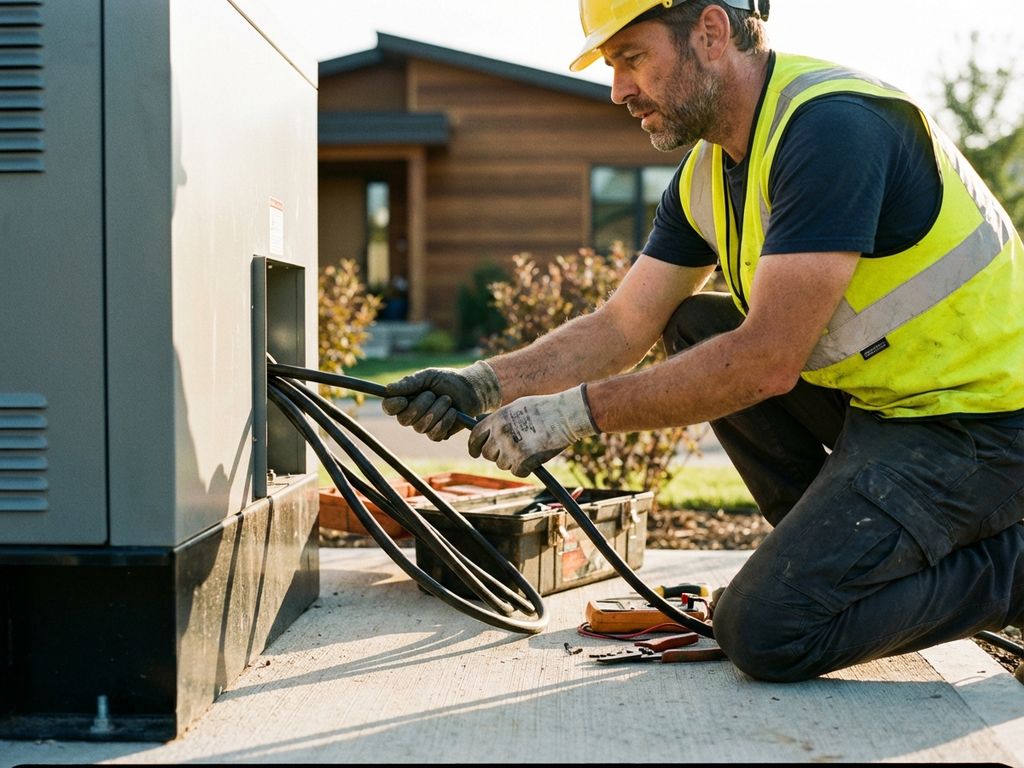 Elektrische technicus in veiligheidsvest installeert back-up generator bij modern huis met gereedschap en kabels