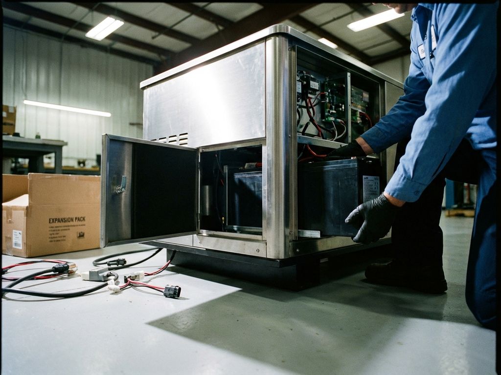 Technicus installeert batterijmodules in geopende backup generator met elektrische kabels op werkplaatsvloer