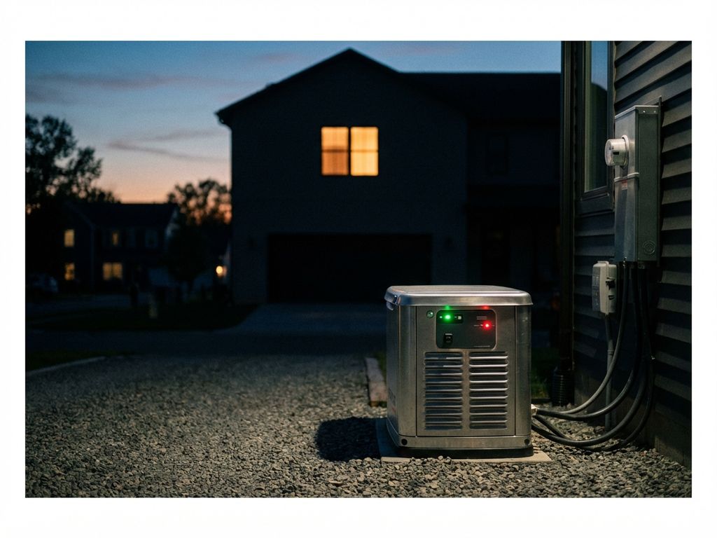 Backup generator voor huis tijdens stroomuitval, met verlichte ramen en elektrische aansluitingen zichtbaar in schemering