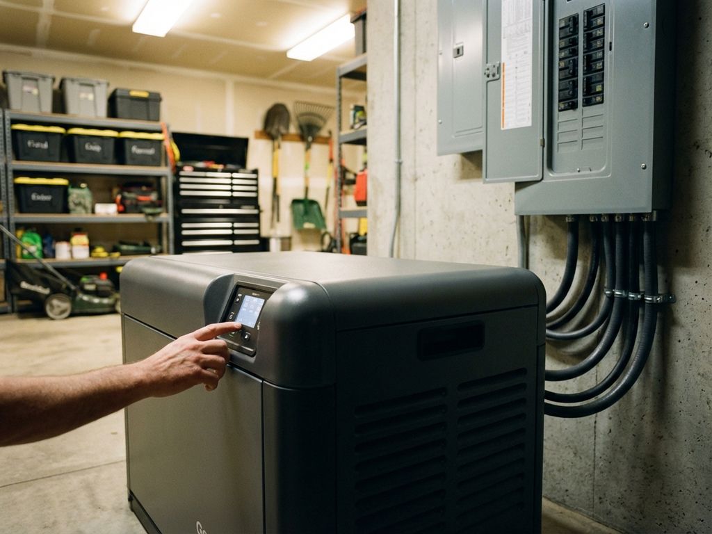 Moderne noodstroomgenerator in garage met eigenaar die bedieningspaneel bedient, aangesloten op hoofdstroomkast