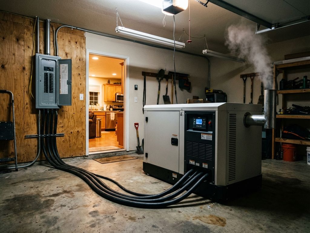 Moderne backup generator in woongarage met stroomkabels naar elektriciteitspaneel, warme verlichting uit huis