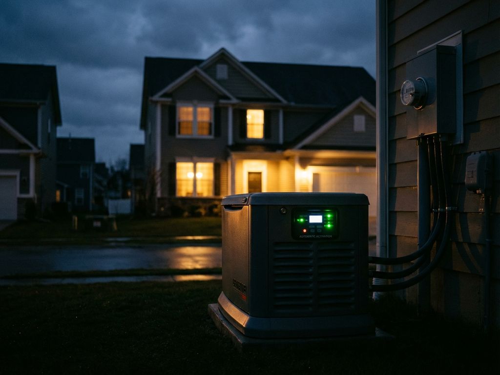 Moderne noodgenerator naast woning tijdens stroomuitval met groene indicatielampjes en verlichte ramen in donkere buurt