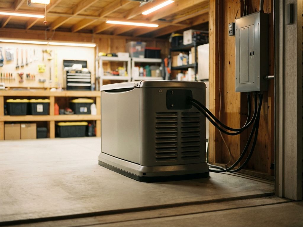 Moderne noodstroomgenerator in residentiële garage aangesloten op elektrisch paneel met dikke stroomkabels
