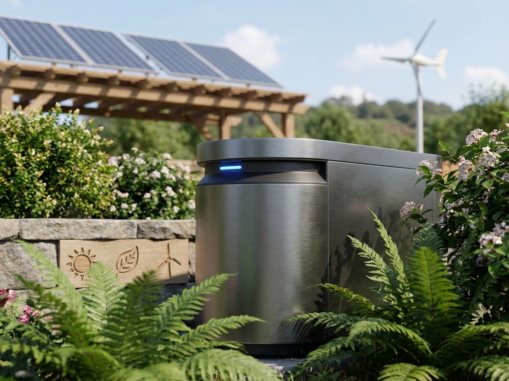 Moderne back-up generator omgeven door groene planten met zonnepanelen en windturbine op de achtergrond