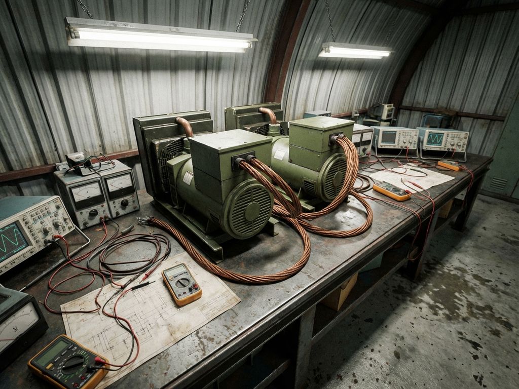Twee identieke noodstroomgeneratoren verbonden met koperen kabels op werkbank van elektrotechnisch ingenieur