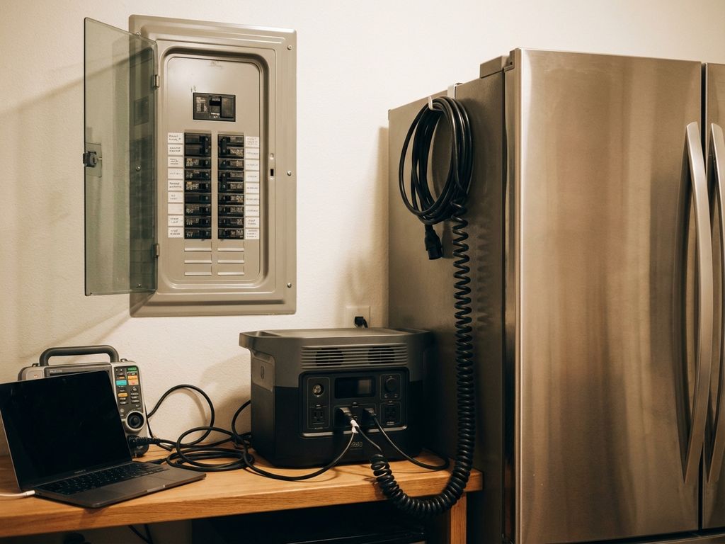 Moderne elektrische meterkast met zekeringen boven back-up stroomunit aangesloten op koelkast, laptop en medische apparatuur