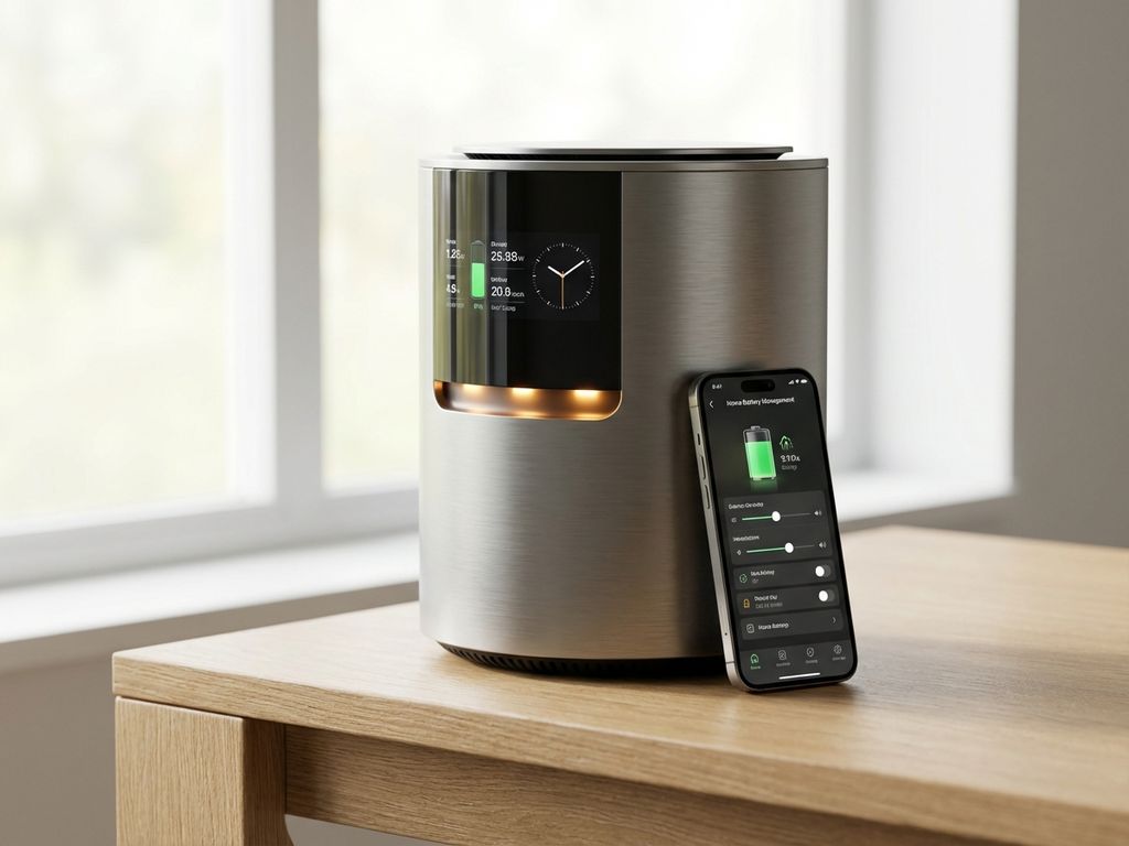 Moderne backup stroomvoorziening met smart display en smartphone op bureau in thuiskantoor met natuurlijk licht