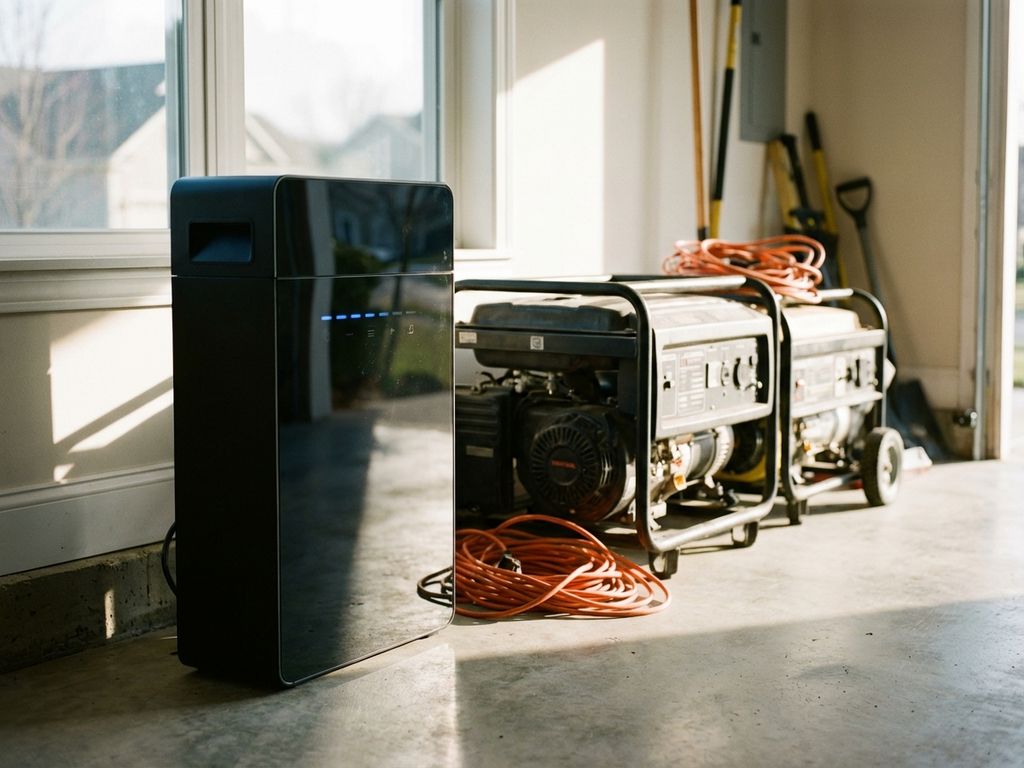 Moderne zwarte batterij-opslagsysteem in garage naast traditionele noodgeneratoren met LED-indicatoren