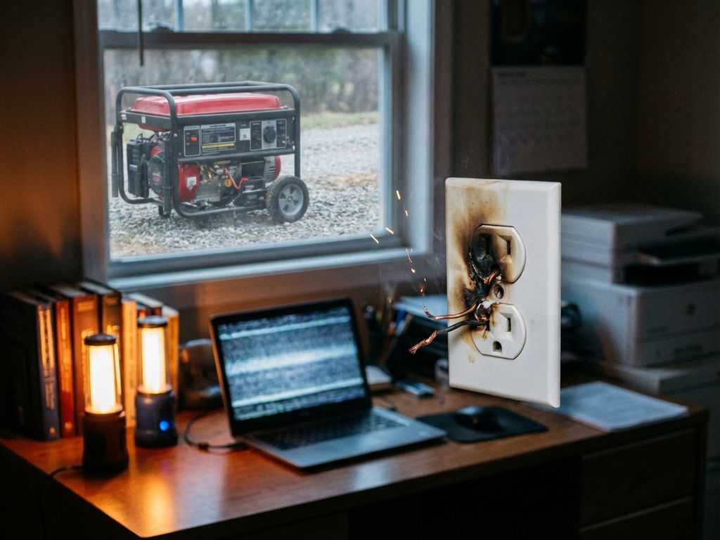 Beschadigde elektrische wandcontactdoos met brandschade en gesmolten plastic in kantoor met noodverlichting