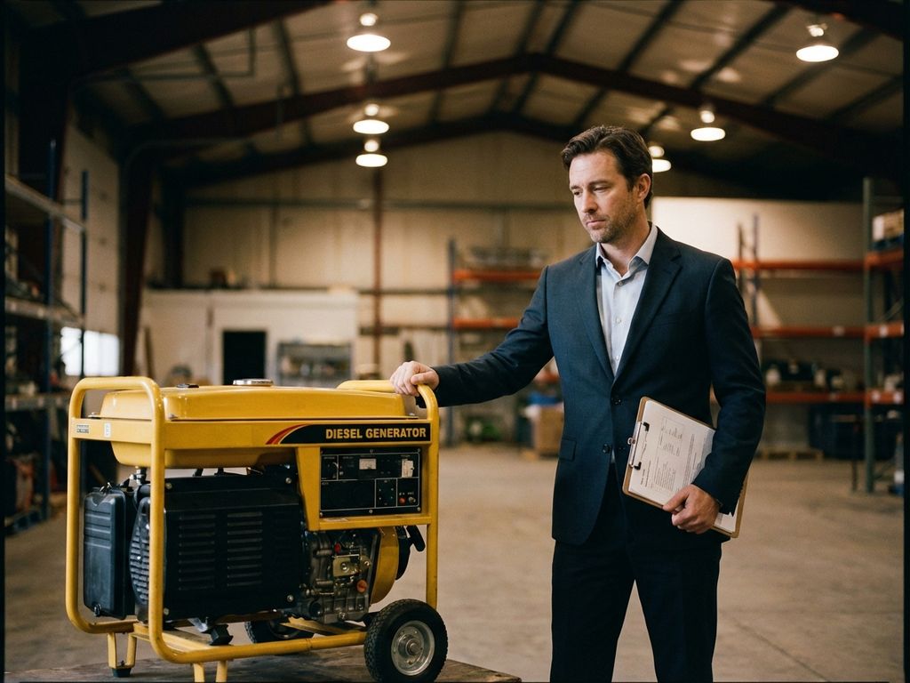 Zakenman in pak onderzoekt gele diesel generator op wielen met huurpapieren in industriële magazijn