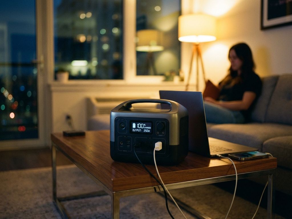 Moderne draagbare powerbank op salontafel met aangesloten laptop en smartphone, verlichte display, avond stadslichten